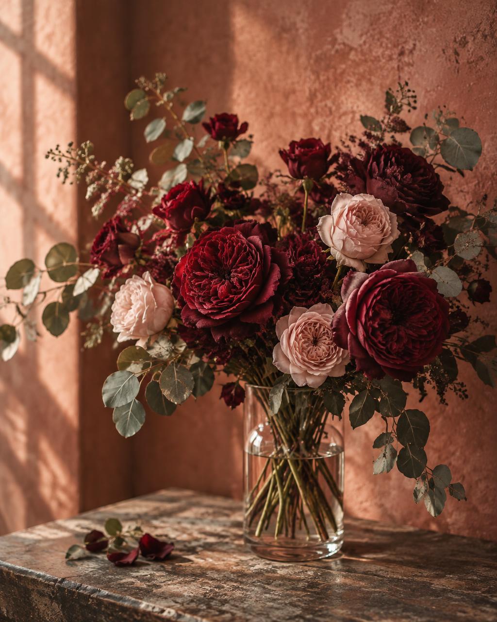 Deep burgundy and blush garden roses with eucalyptus stems in a clear glass vase